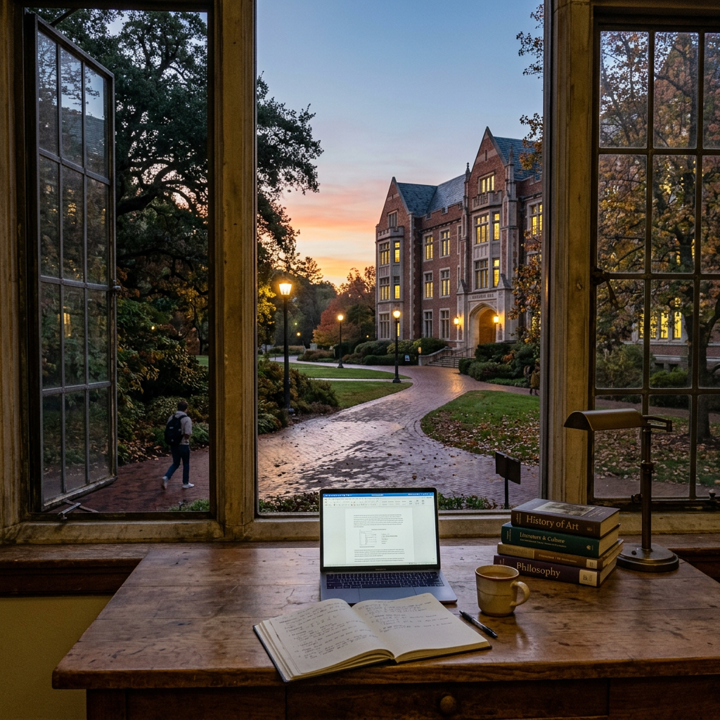 Study desk with open notebook, laptop, books, and coffee facing a large window showing a campus building at sunset