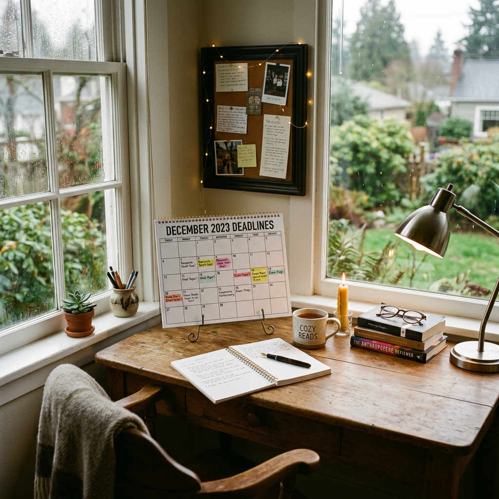 Desk by a window with a calendar showing December 2023 deadlines, a notebook with pen, a candle, a mug labeled Cozy Reads, and stacked books with glasses