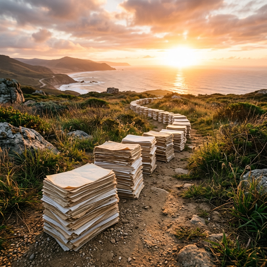 Multiple stacks of papers on a dirt trail winding through coastal grassland at sunset