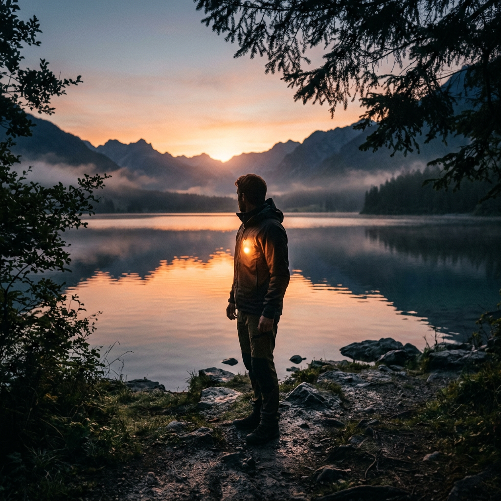 Man standing on rocky shore looking at sunrise over mountain lake