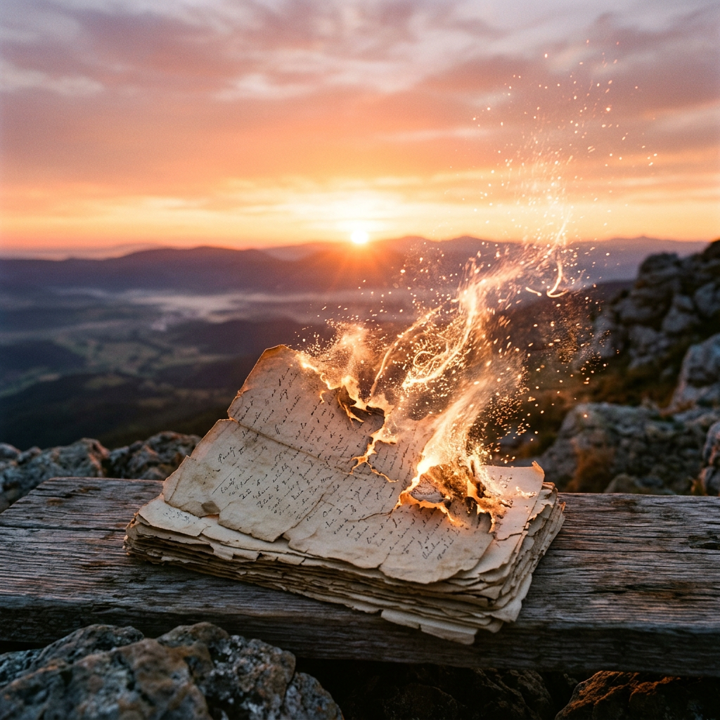 Old handwritten letters burning on wooden surface with sunset in background