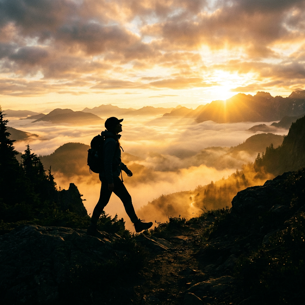 Silhouette of a hiker with a backpack walking on a mountain trail during sunrise