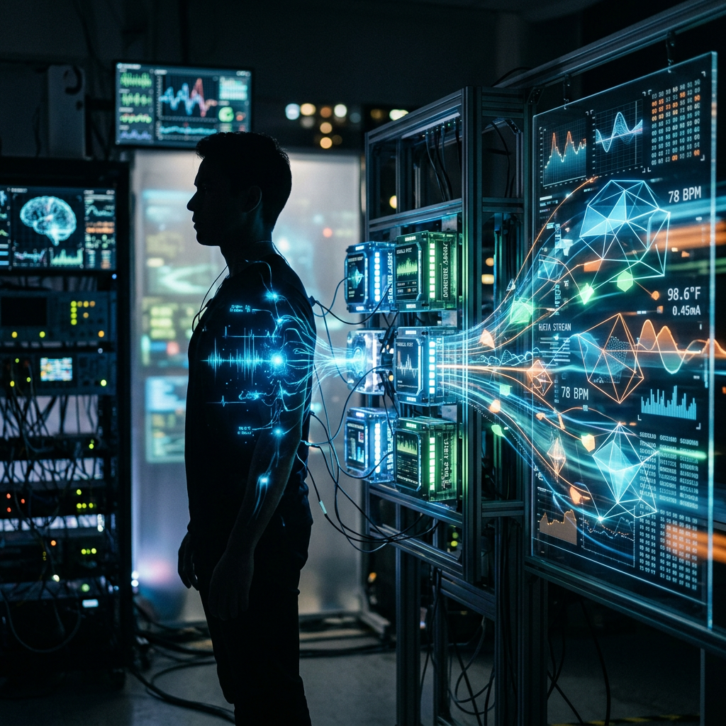Silhouette of man connected to biometric monitoring and AI data screens