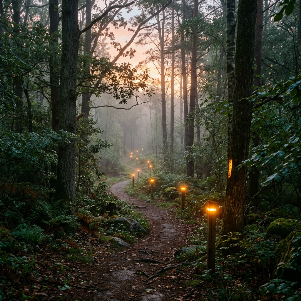 Winding forest trail illuminated by small glowing lights at dawn with mist and tall trees