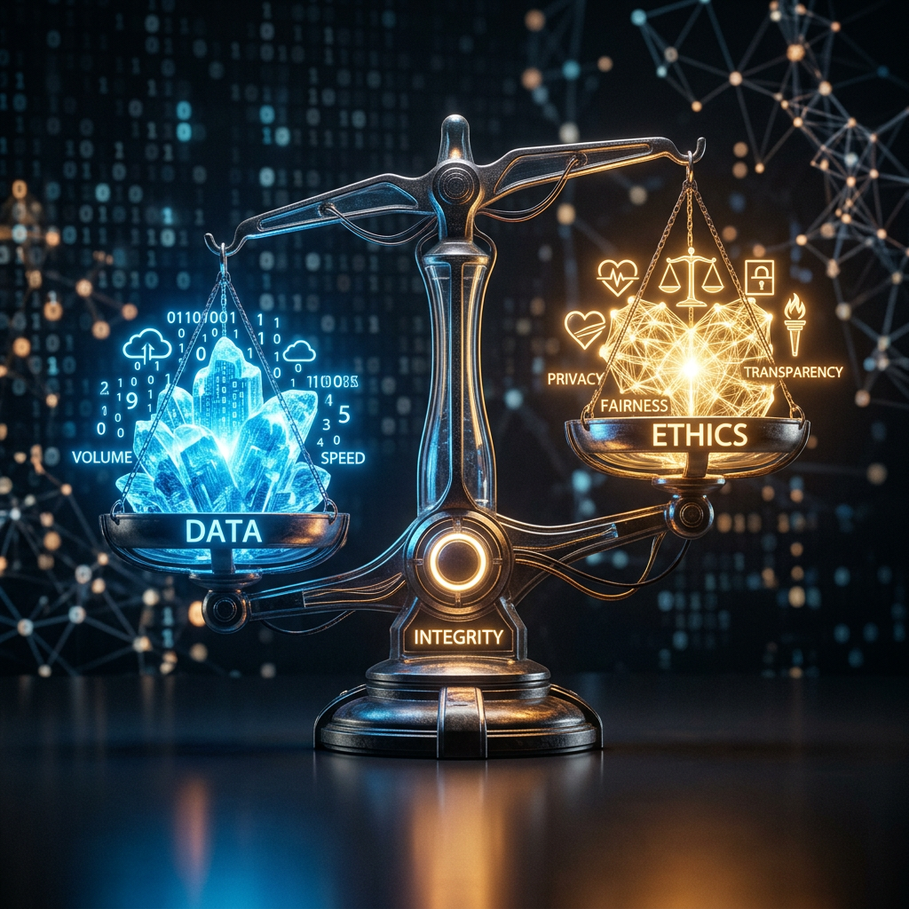 A digital scale with glowing blue data on one side and glowing orange ethics concepts on the other, labeled integrity at the base.
