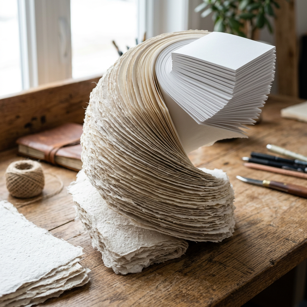 Curved sculpture formed from many stacked paper sheets on a wooden desk