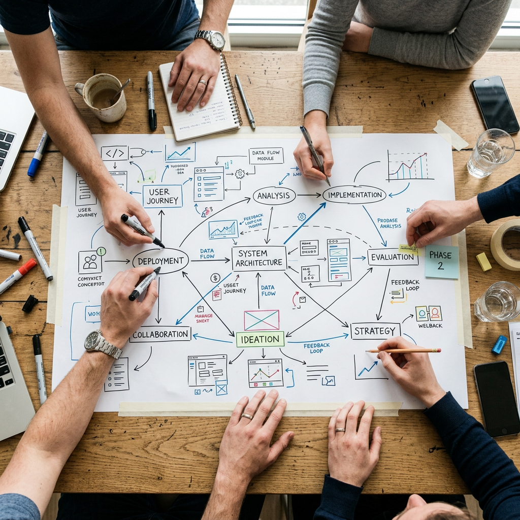 Several hands working together on a large system architecture flowchart with diagrams and notes