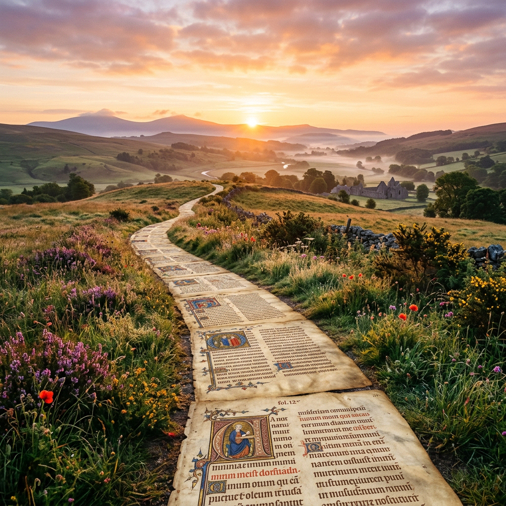 A country path covered with medieval manuscript pages winding through a flower-filled countryside at sunrise