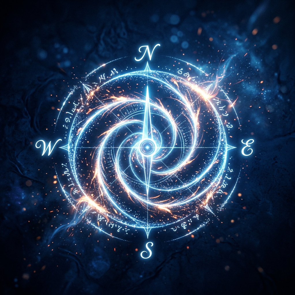 Glowing blue compass rose with north, south, east, west points and magical swirling energy with runes