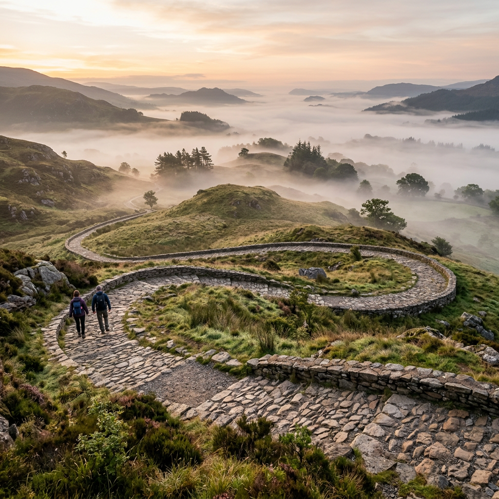 Two hikers on a winding stone path in foggy, green hills during sunrise