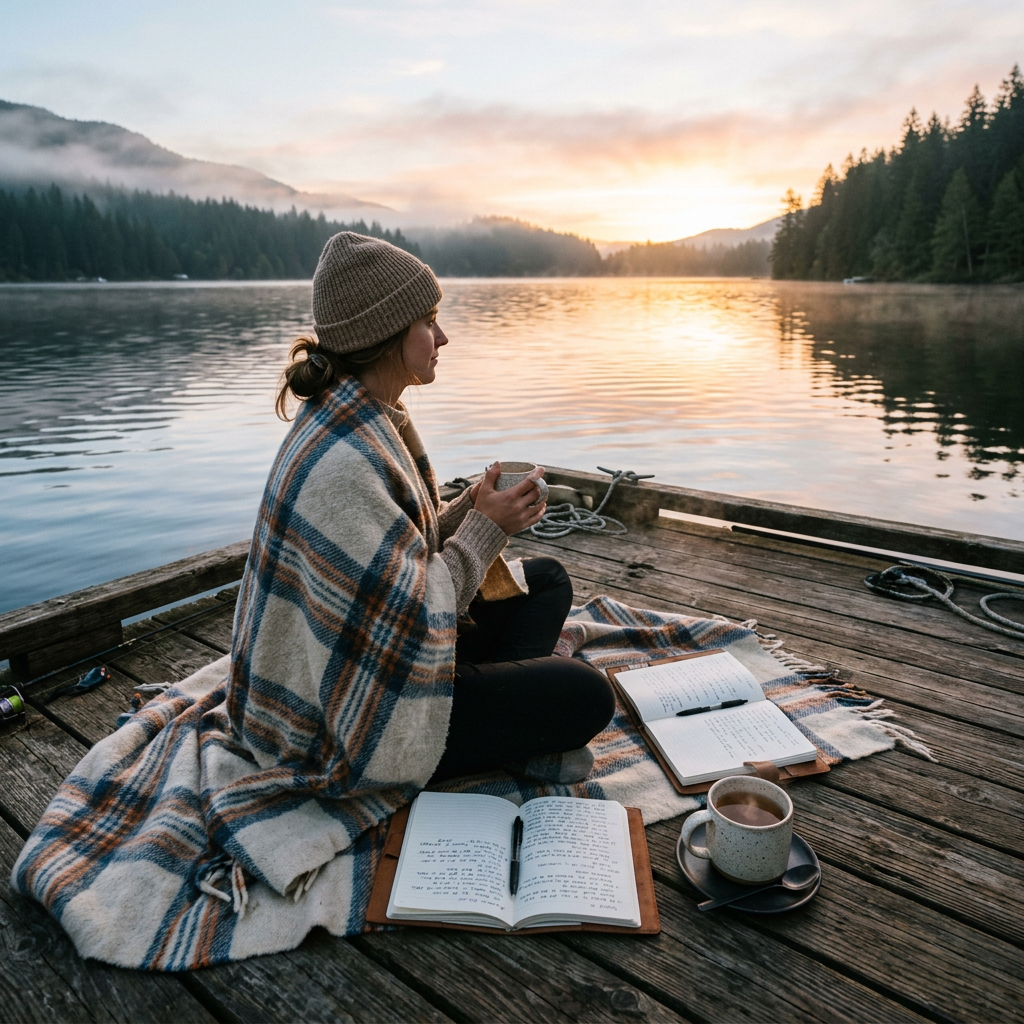 Woman wrapped in blanket sitting on dock by lake at sunrise with open journals and coffee