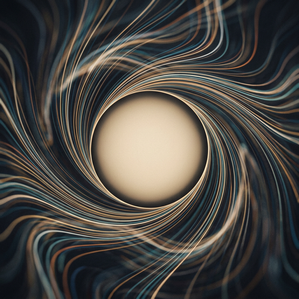 Swirling curved lines in blue, orange, and beige colors forming a vortex around a bright central circle