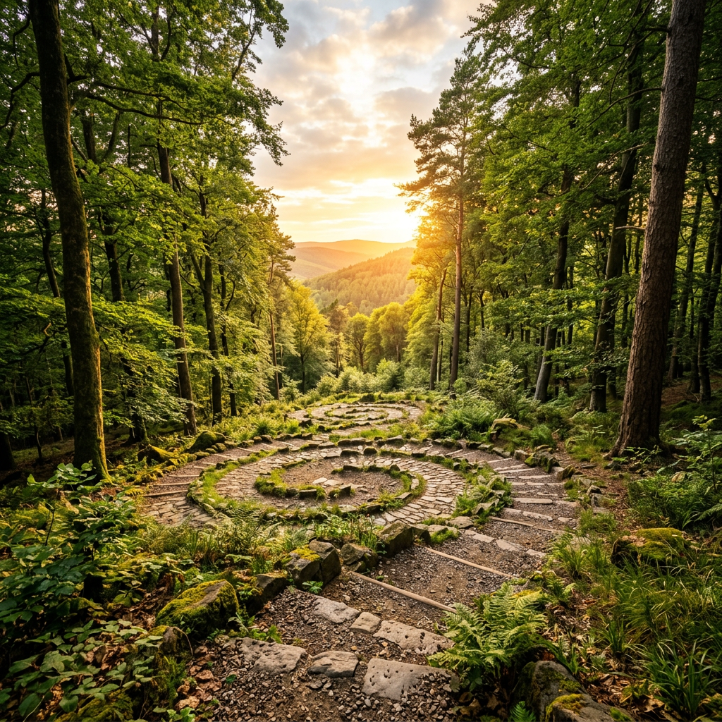 Stone spiral path surrounded by green trees in a forest at sunset