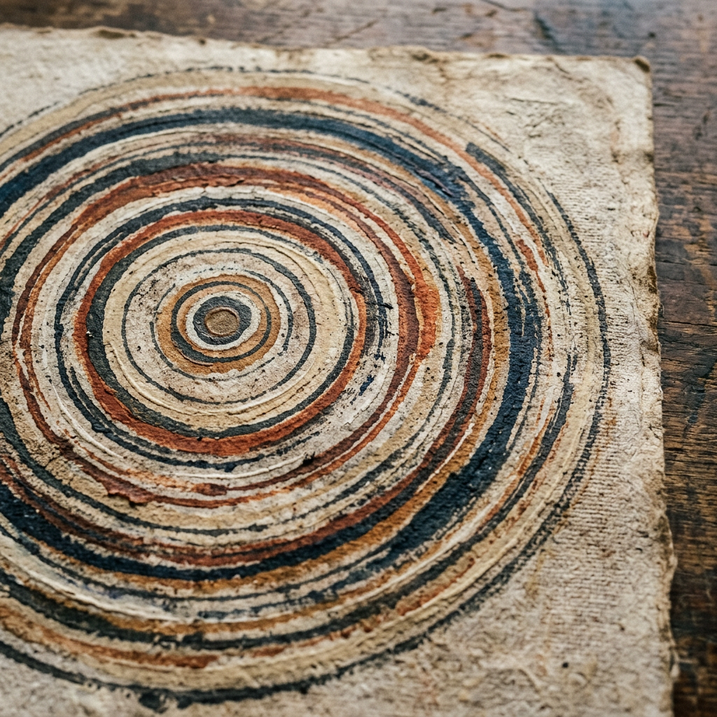 Textured abstract artwork with concentric circles in brown, blue, and beige