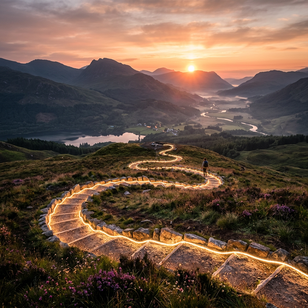 Winding mountain trail illuminated with lights at sunset and a hiker walking