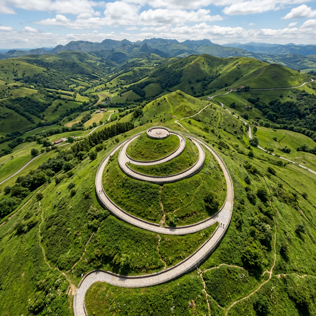 Spiral walkway ascending a green hill with surrounding valleys and mountains