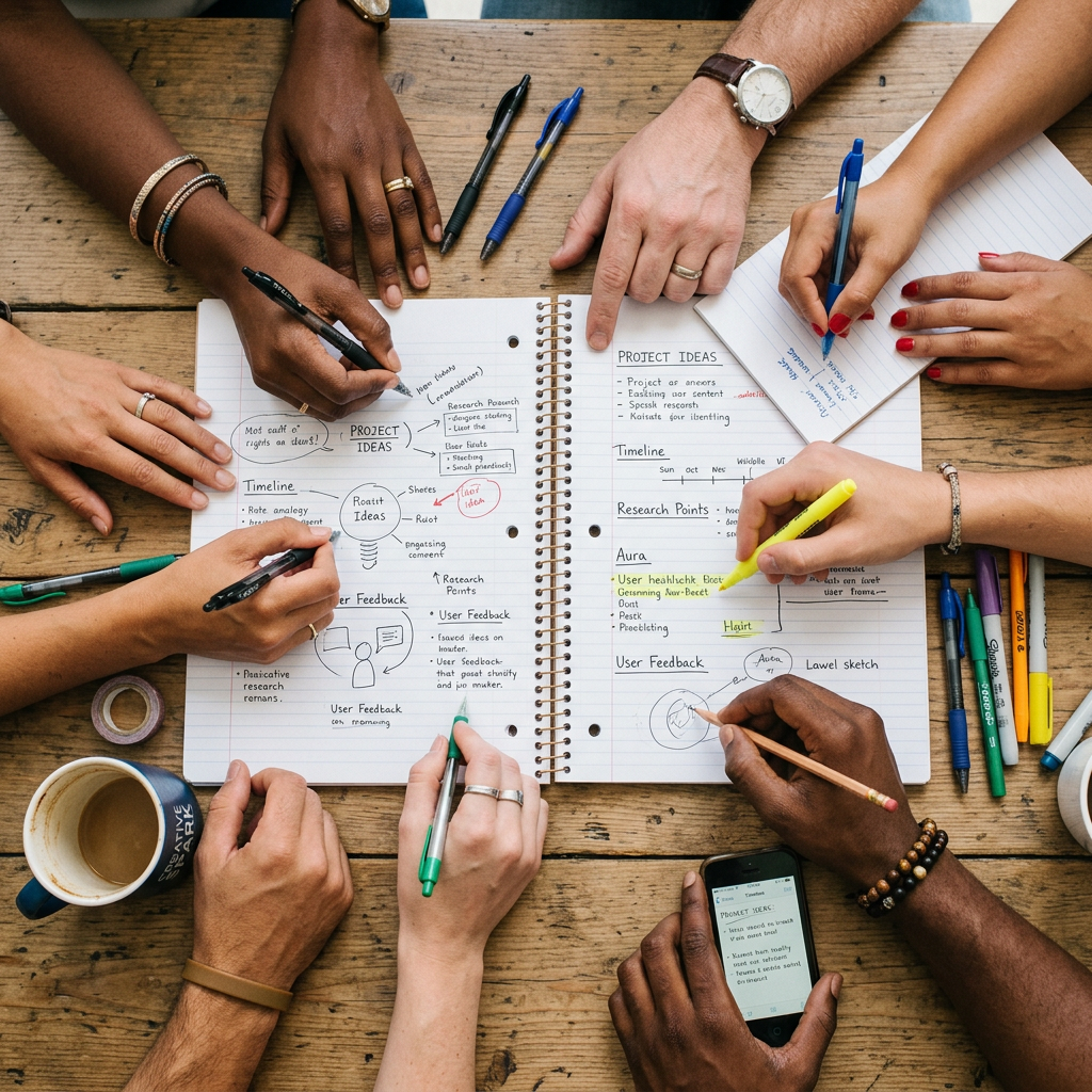Multiple hands writing and highlighting project ideas and notes in a spiral notebook