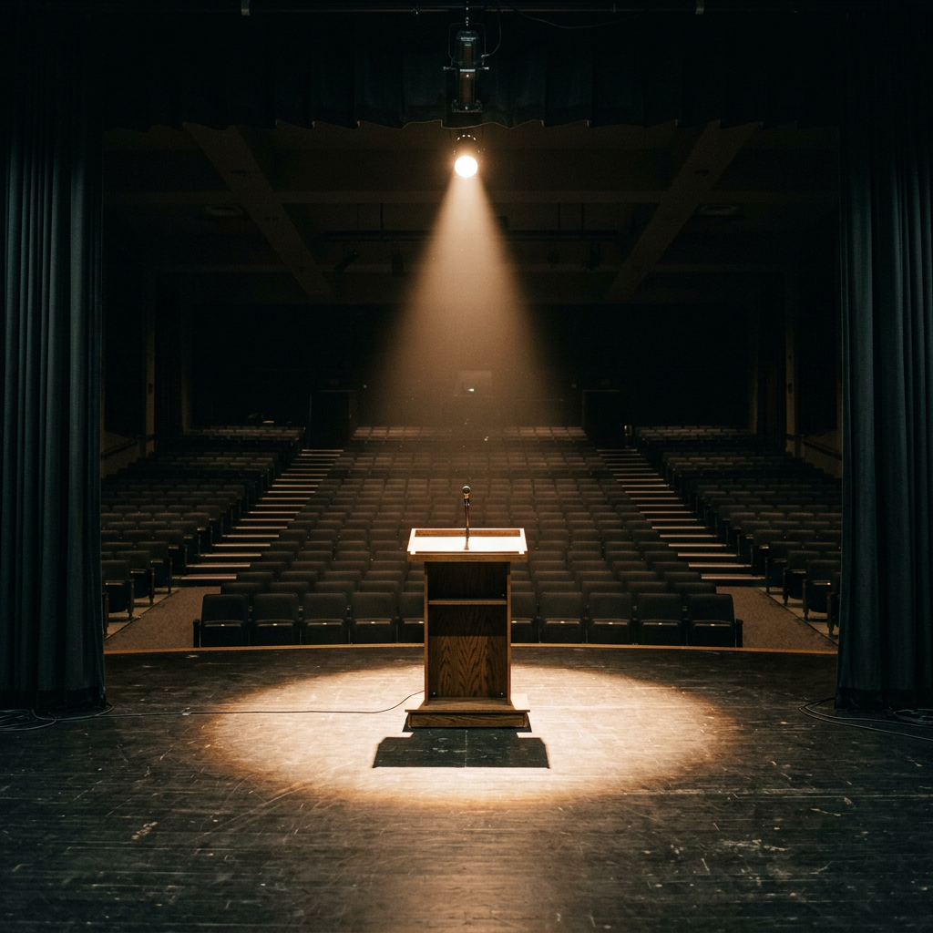 Wooden podium with microphone on stage under a spotlight in empty auditorium