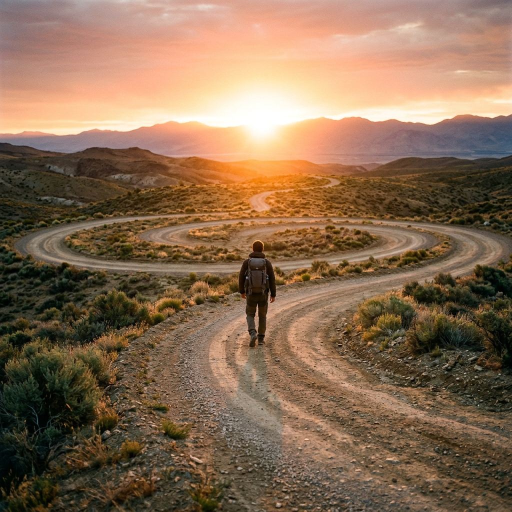 Lone hiker walking on a winding dirt trail through a desert with mountains in the background at sunset