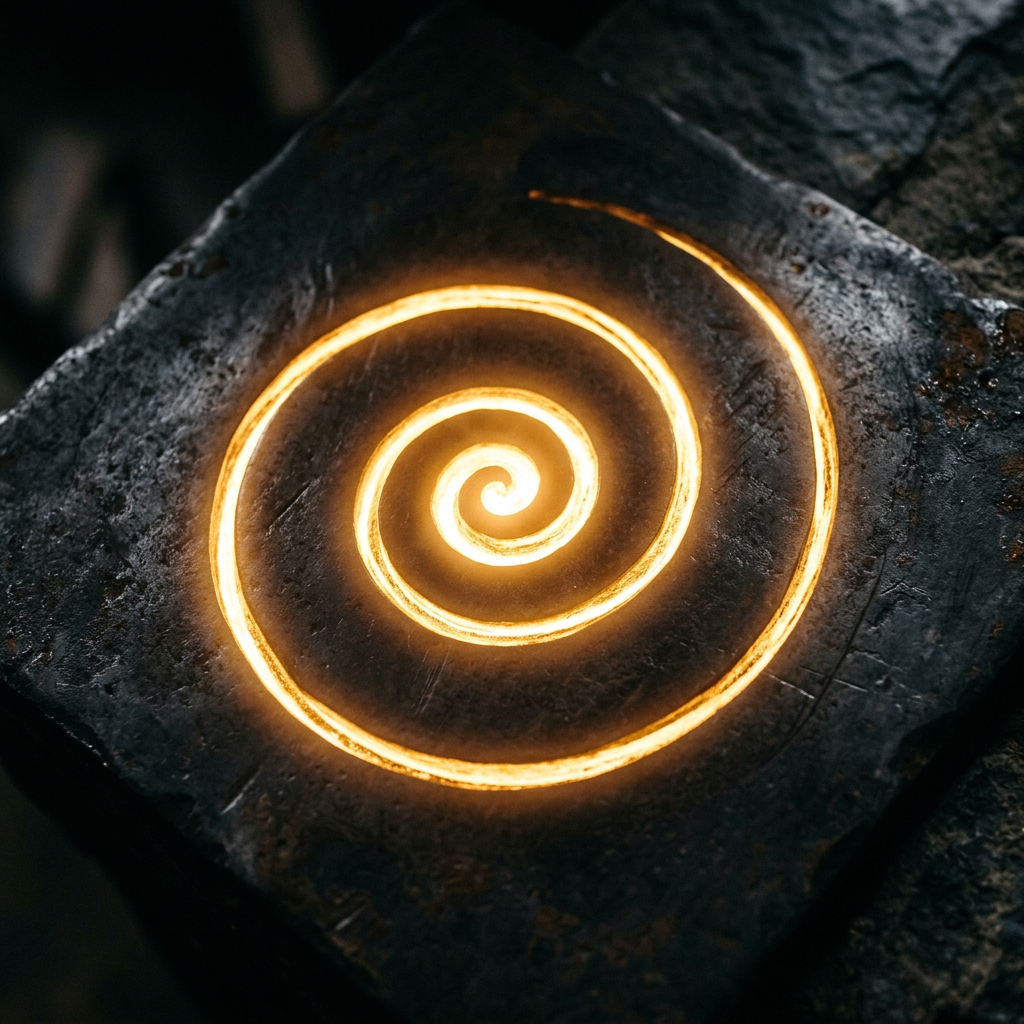 Golden illuminated spiral design carved on a dark metal surface.
