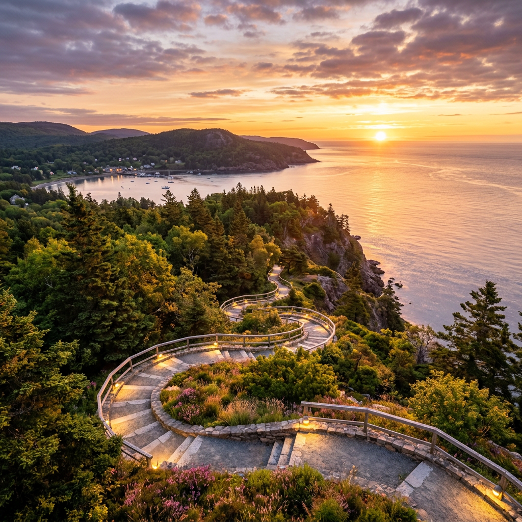 Winding pathway through forested hillside overlooking bay at sunset