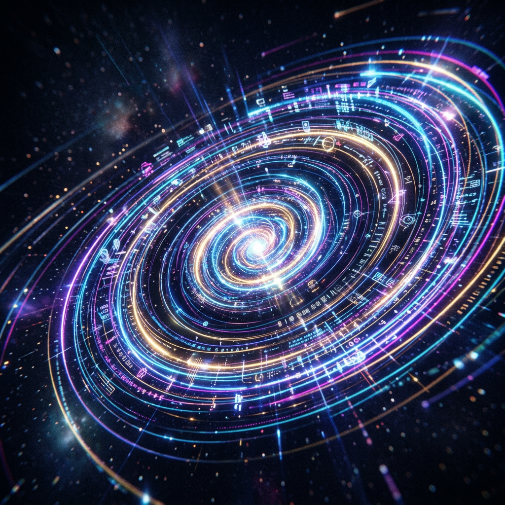 Spiral galaxy composed of colorful glowing lines and digital icons on a dark background