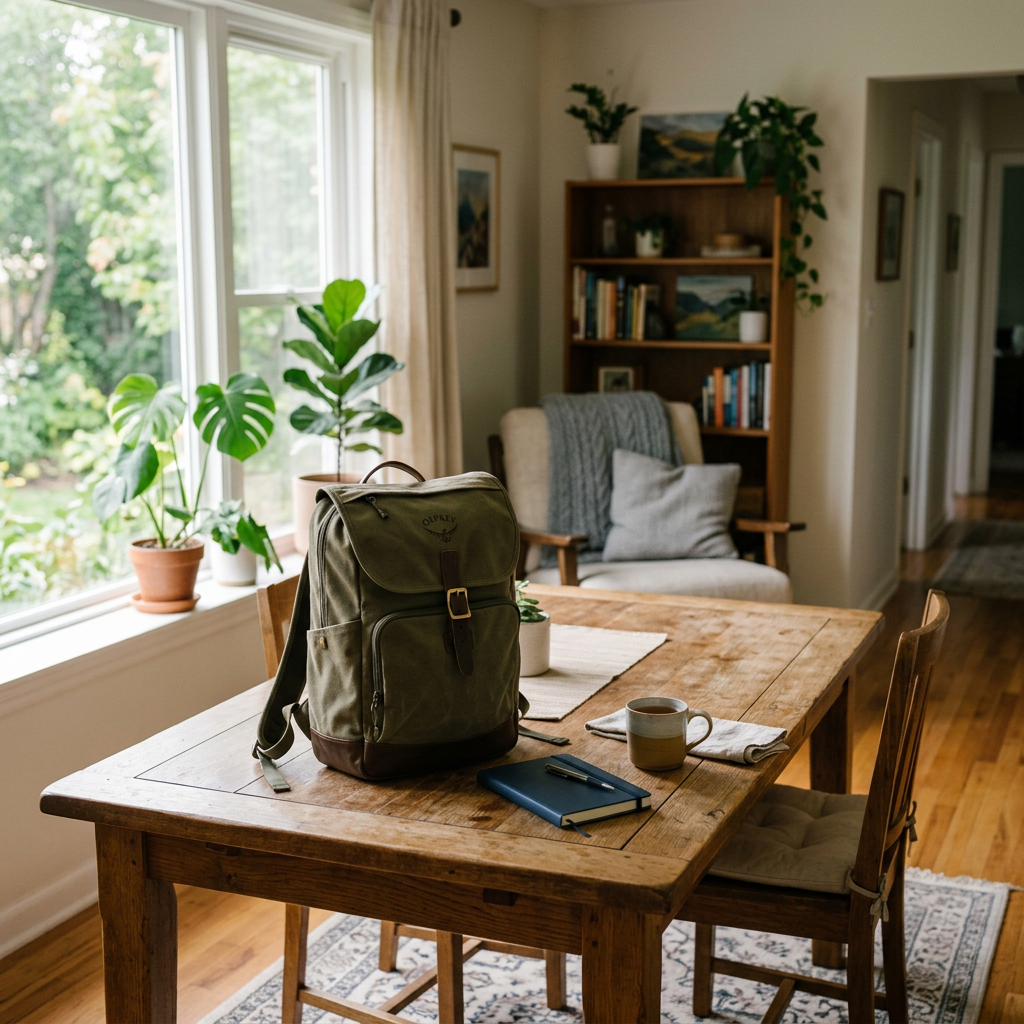 Wooden table with green backpack, blue notebook, pen, and coffee cup in a sunny room with plants