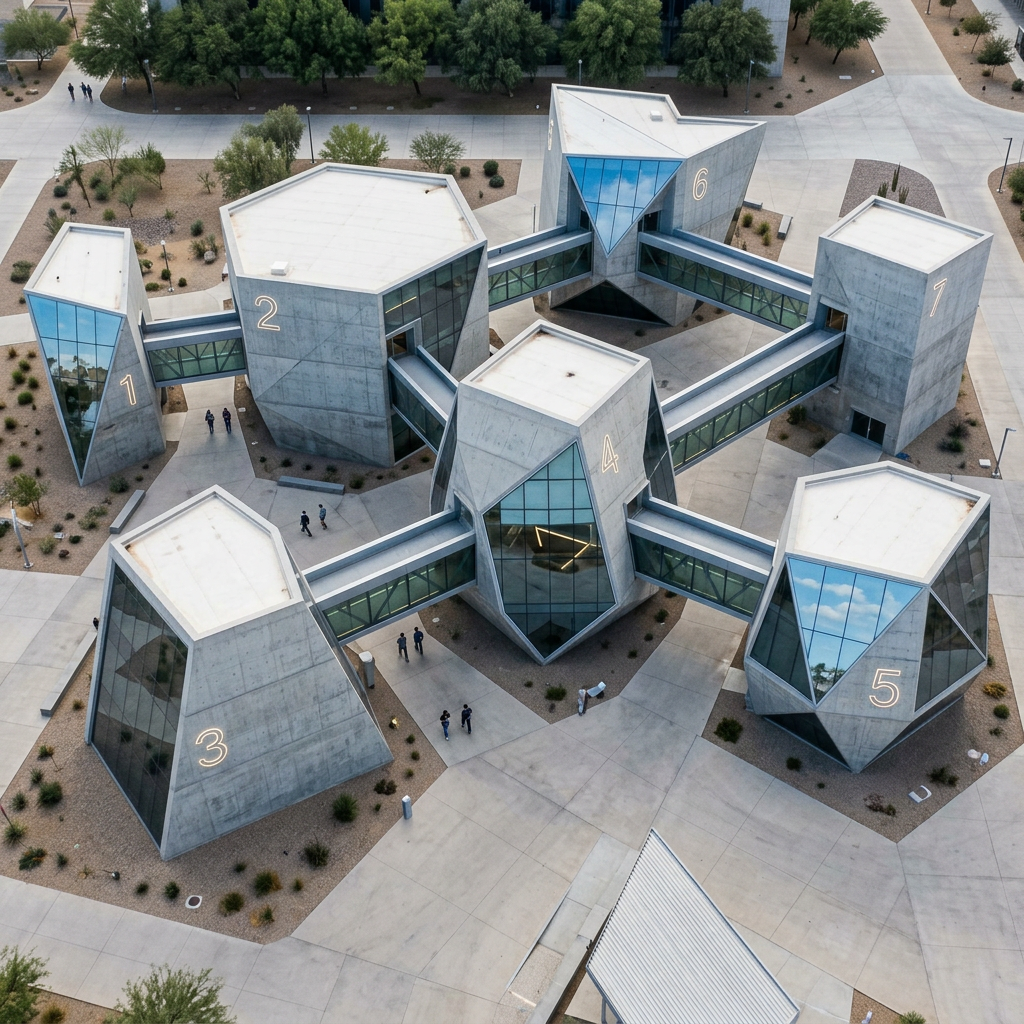 Seven interconnected geometric buildings numbered 1 to 7 with glass walkways