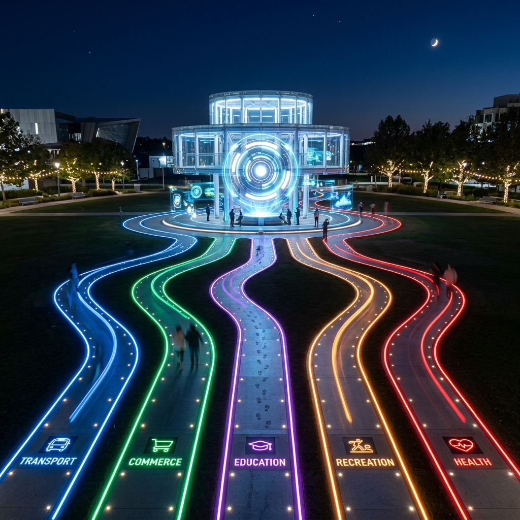 Glowing pathways labeled Transport, Commerce, Education, Recreation, and Health leading to a central digital hub at night