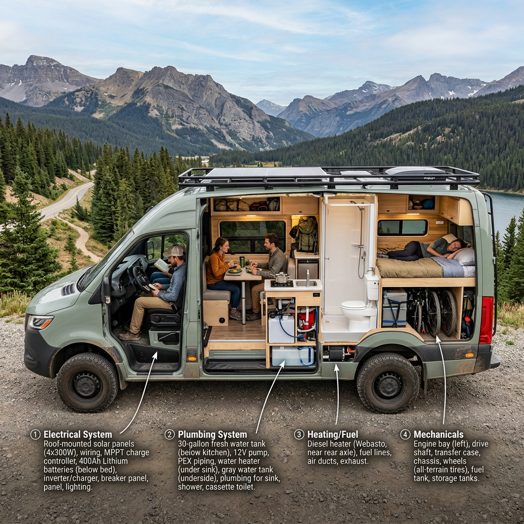 Cutaway view of camper van interior with labeled electrical, plumbing, heating, and mechanical systems.