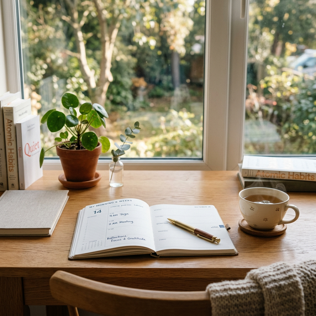 Open planner with handwritten schedule, pen, potted plant, books, and tea cup on wooden desk by window