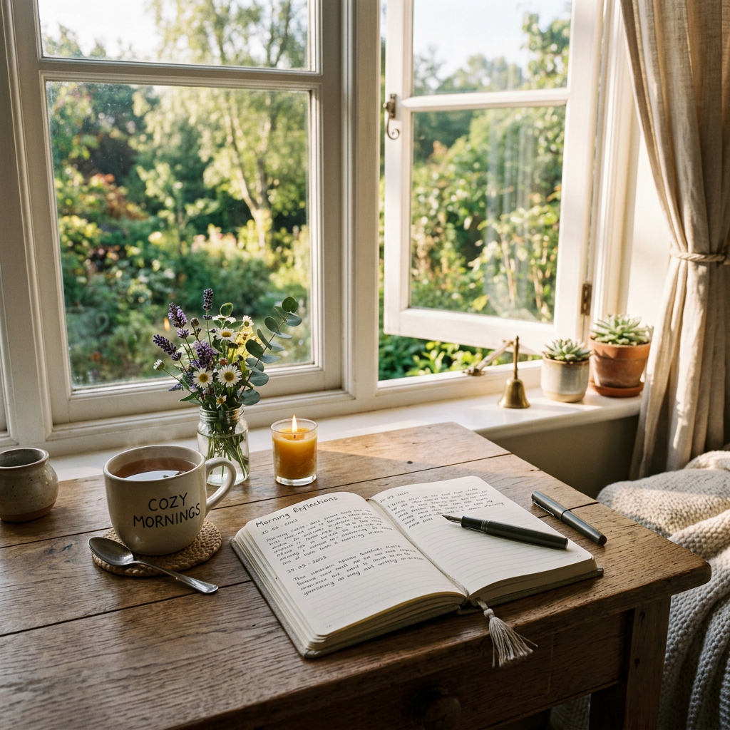 Journal open on wooden table with pen, mug reading 'Cozy Mornings', vase of flowers, and candle by open window