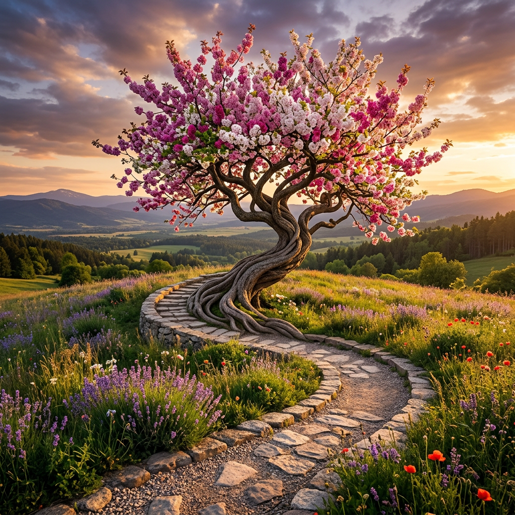 Twisting tree with pink and white blossoms on curved stone path in colorful meadow