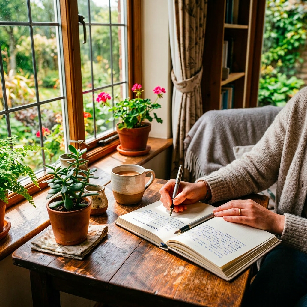 Person writing in journal on wooden table near window with potted plants and cup
