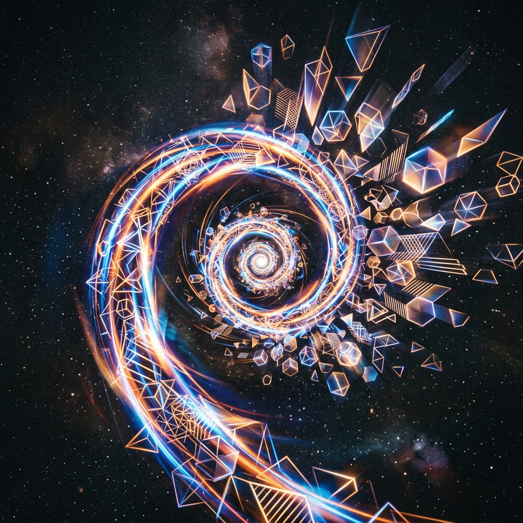 Glowing spiral of orange and blue geometric shapes against starry space