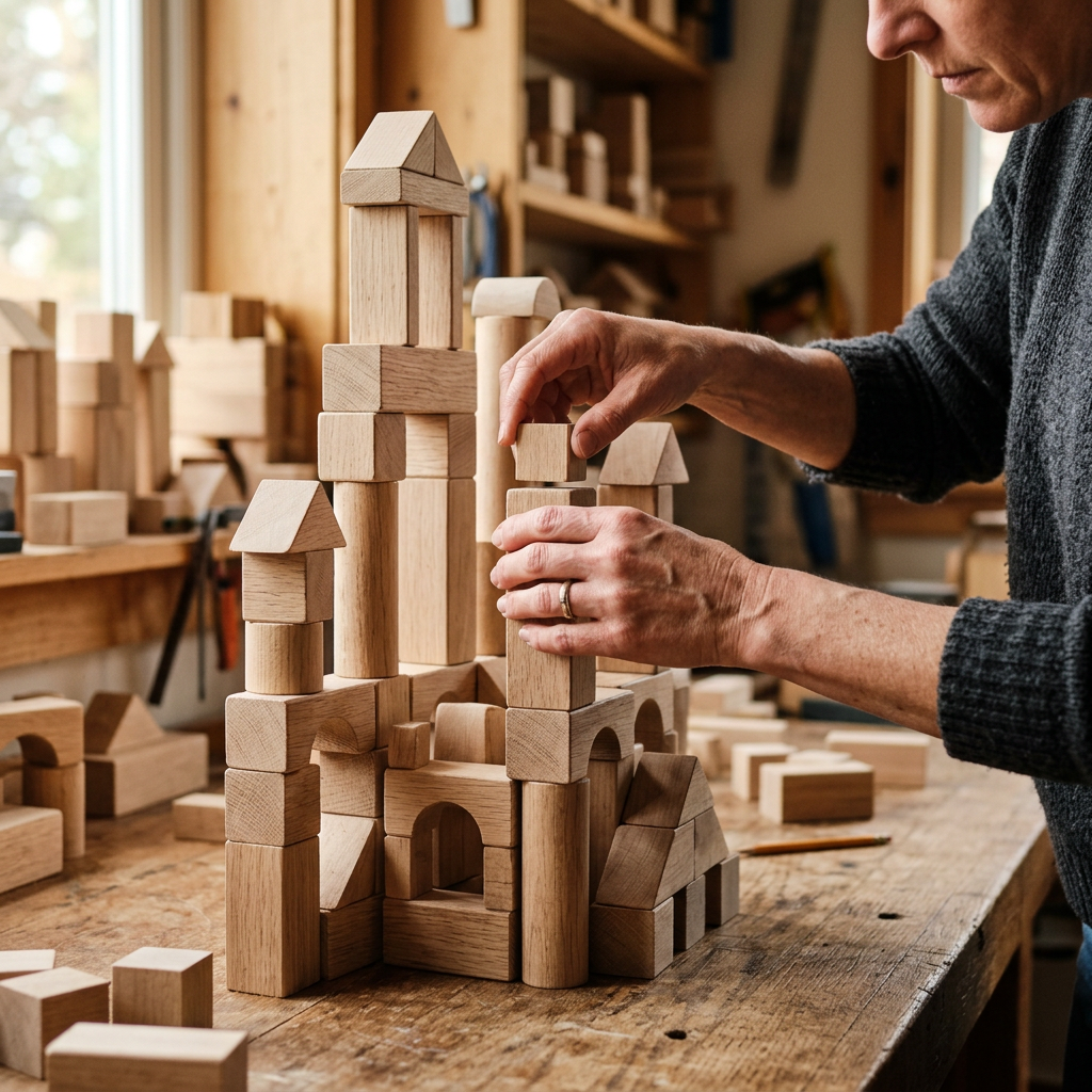 Person assembling a wooden block castle with various shapes on a wooden table