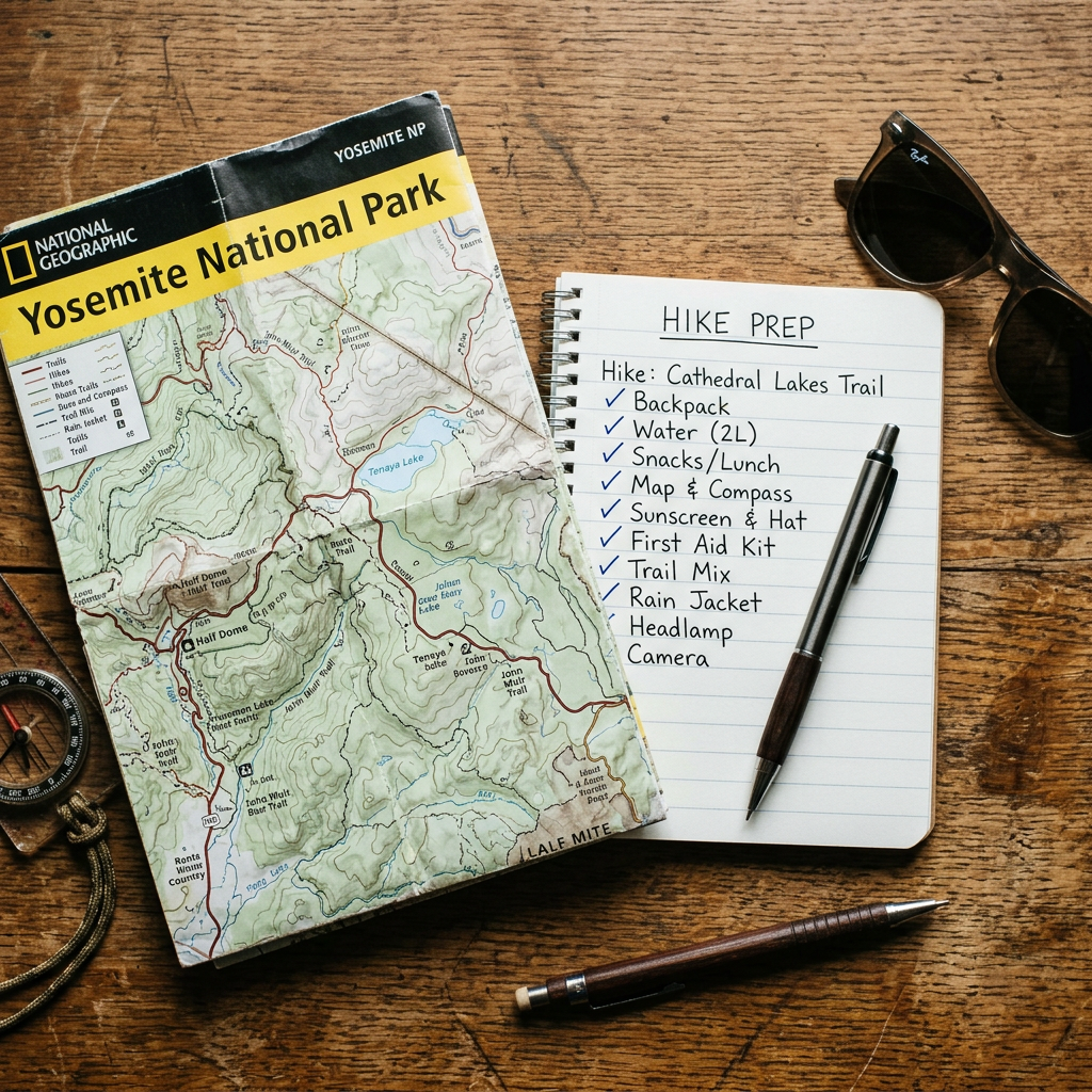 Yosemite National Park map beside hike preparation checklist with items and a pen