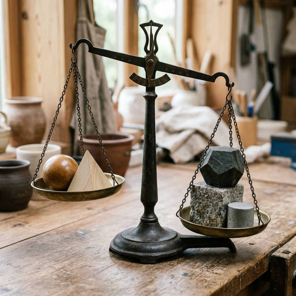 Antique balance scale with wooden sphere and pyramid on one side and stone polyhedron, cube, and cylinder on the other