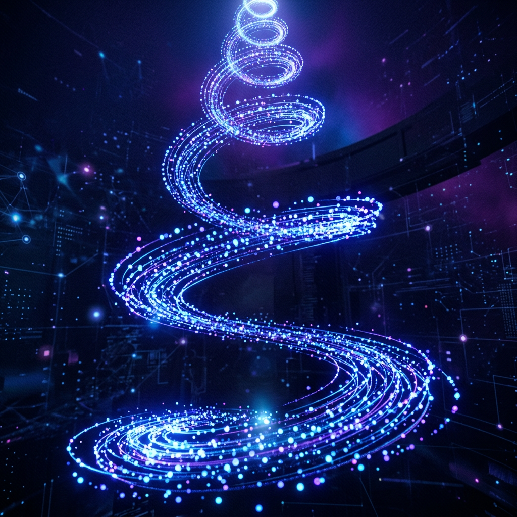 Glowing blue and purple spiral composed of light dots in digital environment